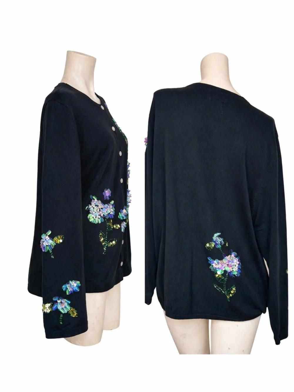 Vintage Quacker Factory XL Black Sequin Floral Cardigan Sweater Embellished - Picture 4 of 8